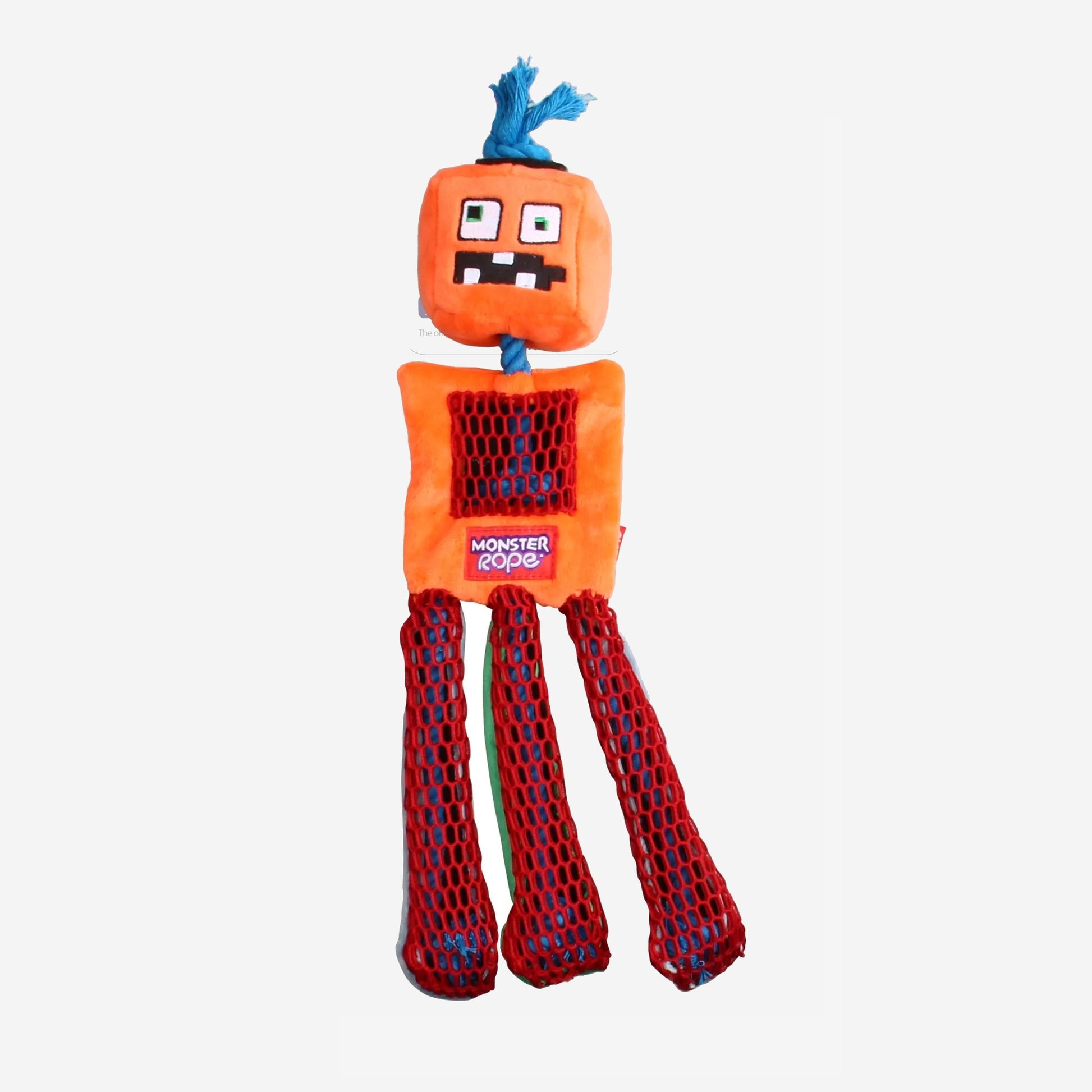 Orange robot rope dog toy with blue rope for hair and 3 red legs with blue rope inside.