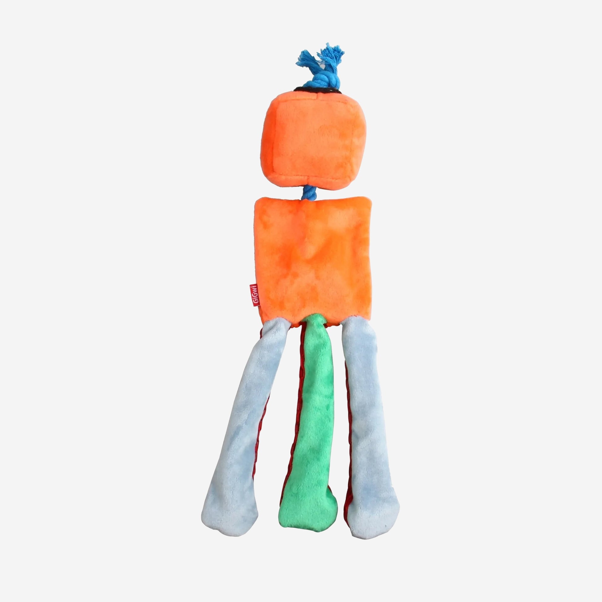 The back of a Orange robot rope dog toy with blue rope for hair and three legs. Two legs are pale blue, and one leg is pale green.