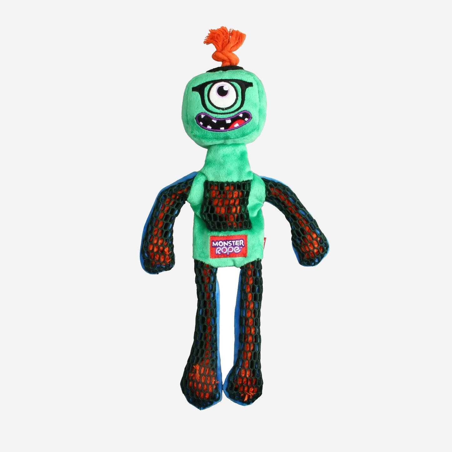 bright green monster rope dog toy with orange rope for hair arms and legs.