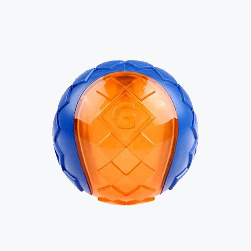 A shiny orange and blue, gigwi dog ball