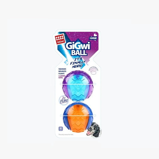 Two gigwi balls, in branded packaging. One ball is purple and orange the other is orange and blue.