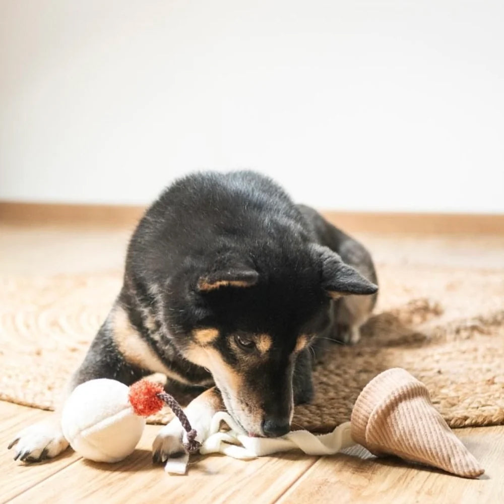 Dog snuffling inside Lambwolf Collective's plush ice cream pop dog toy.