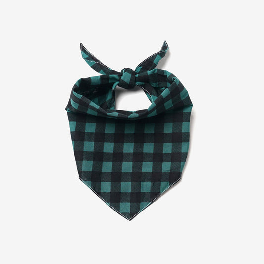 A plaid checkered dog bandana in green and black