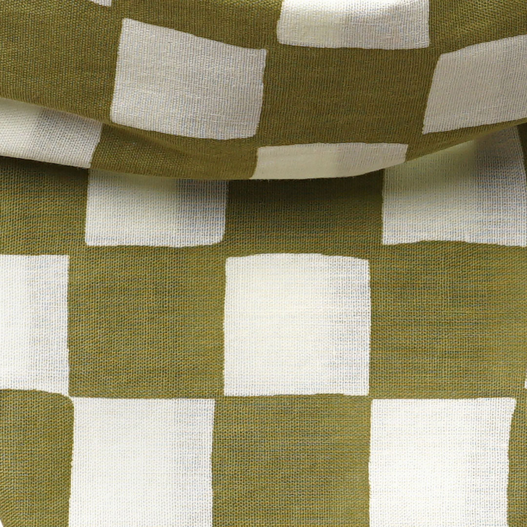 detail fabric of a 100% cotton dog bandana with a checkered pattern in army green and cream