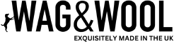 Wag & Wool logo with text 'Exquisitely made in the UK' on a black background