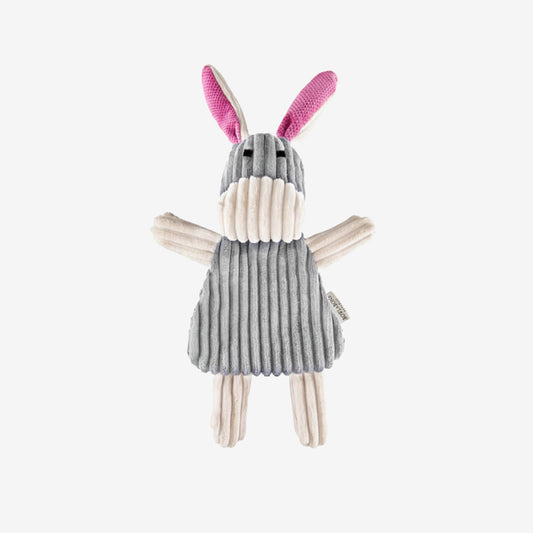 plush dog toy donkey light grey body cream arm and legs and pink ears