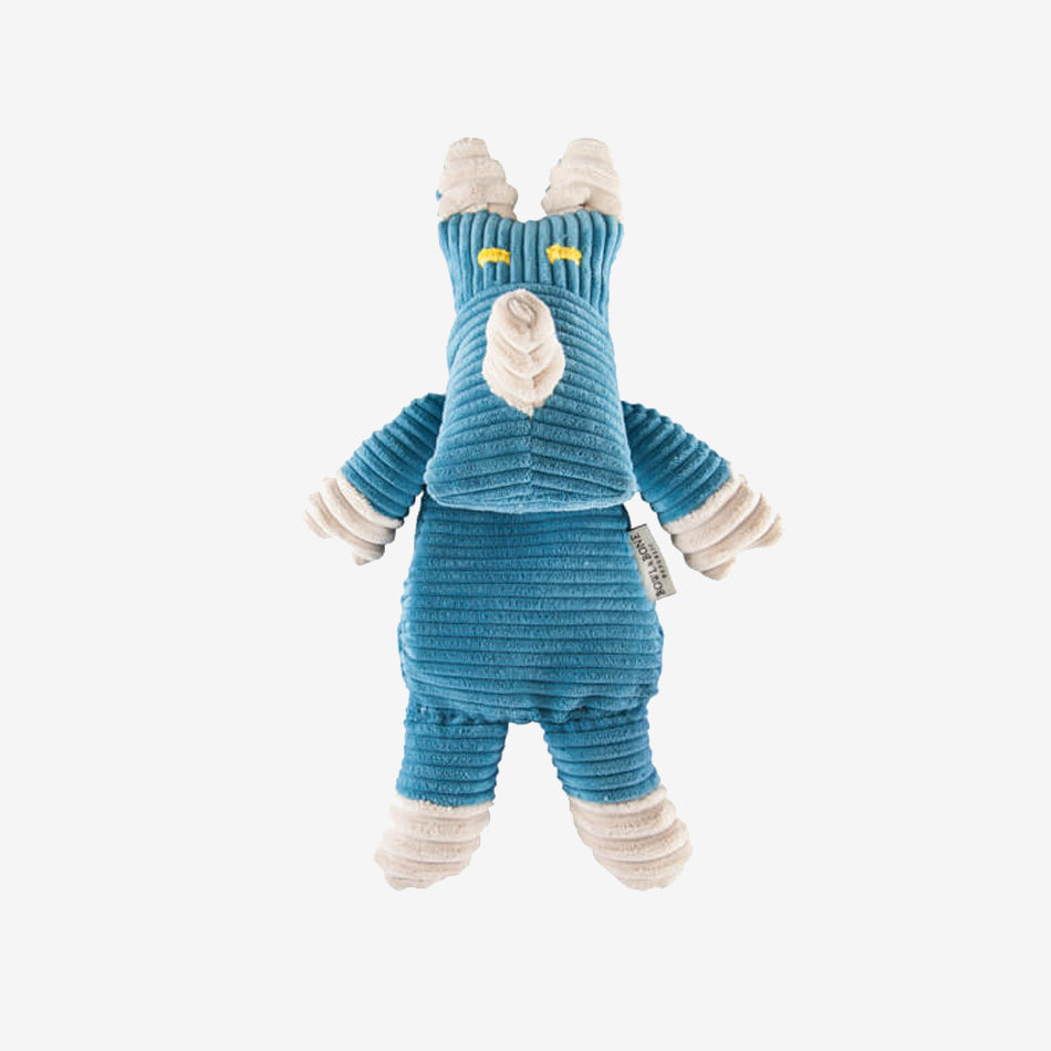 a plush rhino dog toy with a turquoise body, yellow eyebrows, and cream ears nose hands and feet