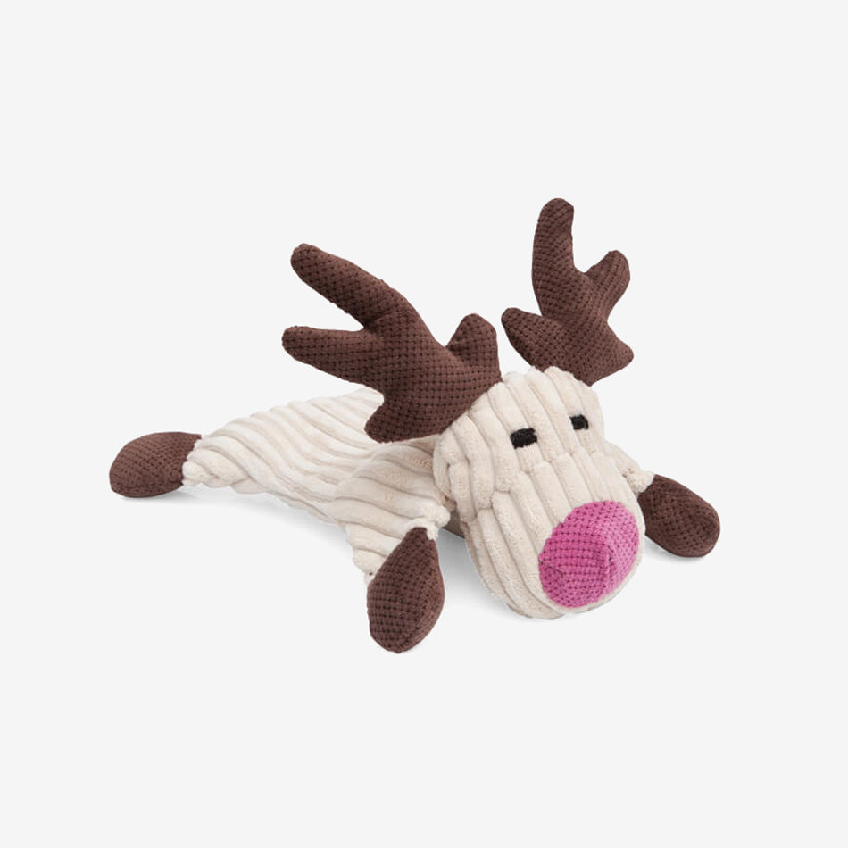 a plush reindeer dog toy with a cream body, brow antlers and feet, and a pink nose